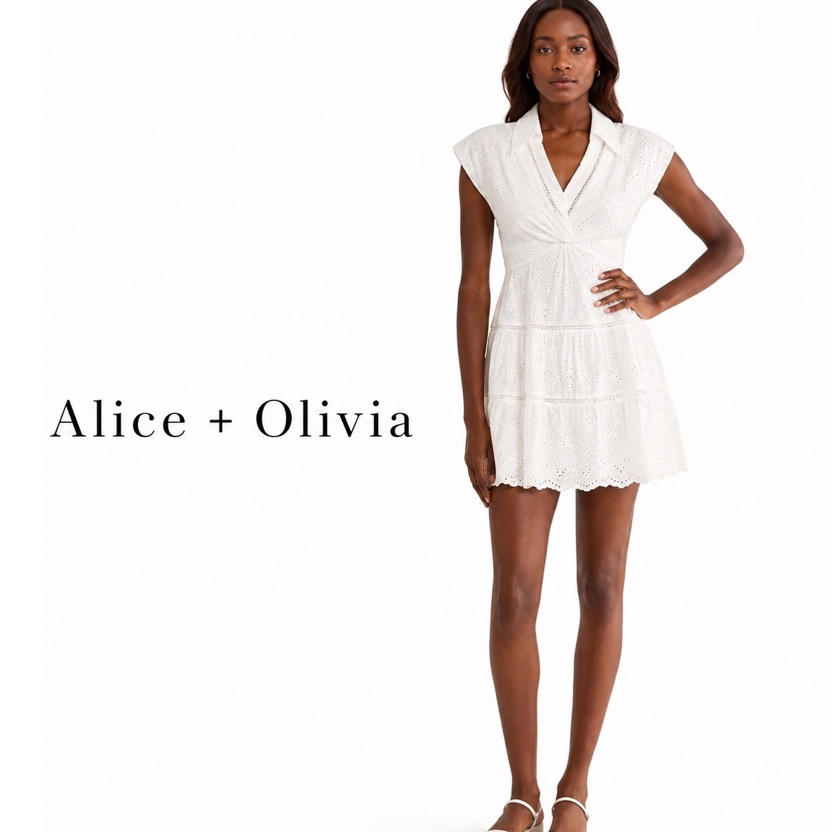 Alice + Olivia White Eyelet Cotton Linen Tiered Mini Dress Cc505k15540 Size 12